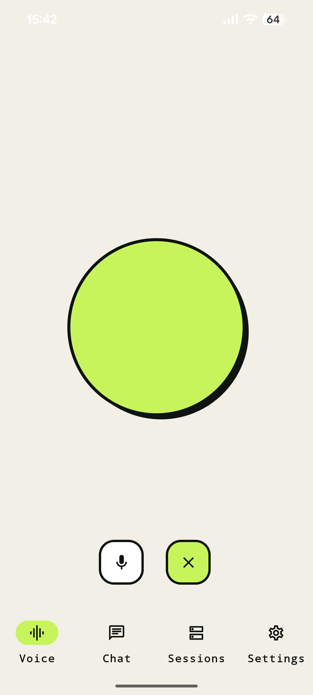 The voice screen of my Android app: a big green circle, mic and stop buttons, and Voice, Chat, Sessions and Settings tabs